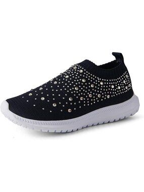 Women's Dark Blue Mesh Rhinestone Glitter Slip On Ballroom Latin Sock Sneakers